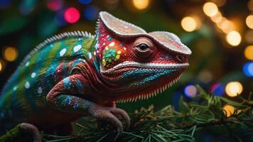 A vibrant chameleon perched on a branch with colorful bokeh lights in the background. photo
