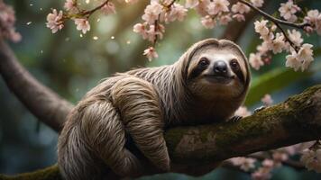 A sloth resting on a branch surrounded by cherry blossoms in a serene forest setting. photo