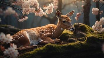 A serene fawn resting among cherry blossoms in a tranquil forest setting. photo