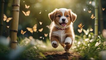 A joyful puppy running through a sunlit path surrounded by butterflies. photo
