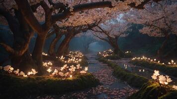 A serene pathway lined with cherry blossom trees and glowing lanterns in a misty environment. photo