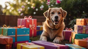 A happy dog lying among colorful wrapped gifts in a garden setting. photo