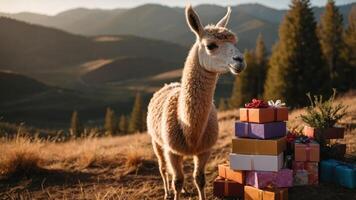 A llama stands beside a stack of colorful presents in a scenic mountain landscape. photo