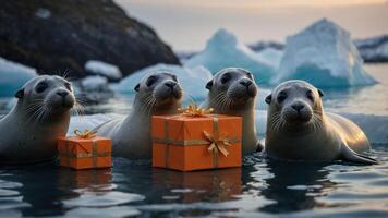 Four seals in water with gift boxes, creating a playful and festive scene. photo