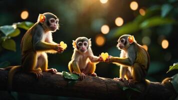 Three monkeys sharing heart-shaped treats on a branch in a lush, vibrant setting. photo