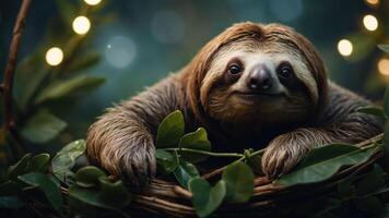 A sloth resting in a nest surrounded by leaves and soft lighting. photo