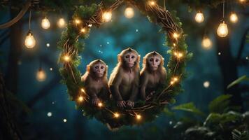 Three monkeys sitting in a wreath with lights in a forest setting. photo