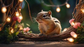 A chipmunk surrounded by flowers and fairy lights in a whimsical outdoor setting. photo