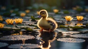 A fluffy duckling stands amidst lily pads and flowers in a serene pond setting. photo