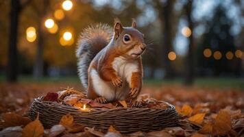 A squirrel perched on a nest of leaves in a serene autumn park setting. photo