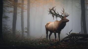 A majestic elk stands in a misty forest, showcasing nature's beauty and tranquility. photo