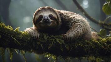 A sloth resting on a mossy branch in a misty forest setting. photo