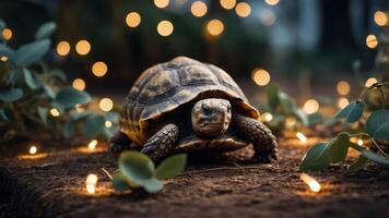 A tortoise amidst greenery and soft lights, creating a serene and enchanting atmosphere. photo