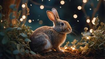 A serene rabbit sits among glowing lights and greenery in a tranquil setting. photo