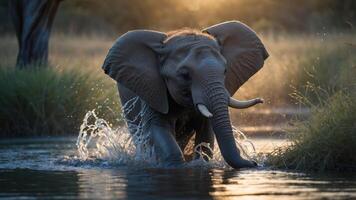 An elephant splashes playfully in a serene waterhole at sunset. photo