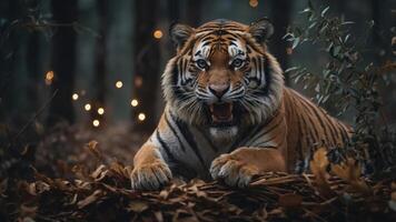 A fierce tiger resting in a forest, surrounded by autumn leaves and soft glowing lights. photo