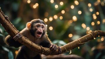 A playful monkey hanging on a branch with twinkling lights in the background. photo