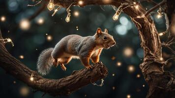 A squirrel perched on a branch adorned with fairy lights in a magical forest setting. photo