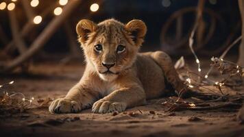 A young lion cub resting on the ground, surrounded by soft lighting and leaves. photo