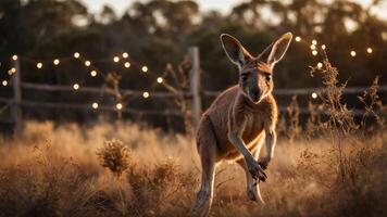 A kangaroo stands in a sunlit field with twinkling lights in the background. photo