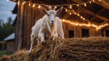 A goat perched on a hay bale with string lights in a rustic barn setting. photo