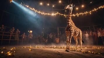 A giraffe stands in a spotlight within a circus setting, surrounded by an audience. photo