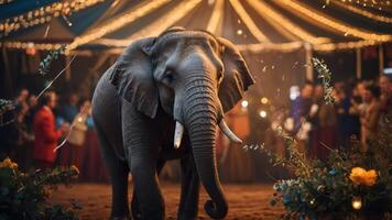 An elephant stands in a circus setting, surrounded by lights and an audience. photo