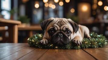 A pug resting on a festive wreath, surrounded by warm lights in a cozy setting. photo