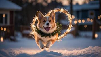 A joyful corgi leaps in the snow, adorned with lights and greenery, capturing a festive spirit. photo