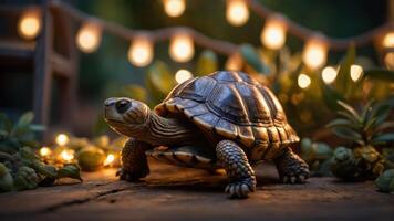 A tortoise on a rustic surface surrounded by soft glowing lights and greenery. photo