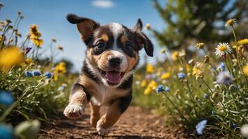 A happy puppy running through a colorful flower field on a sunny day. photo