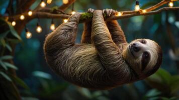 A sloth hanging on a branch adorned with lights in a lush, green environment. photo