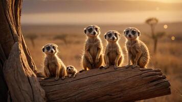 A group of meerkats perched on a log during sunset in a serene landscape. photo
