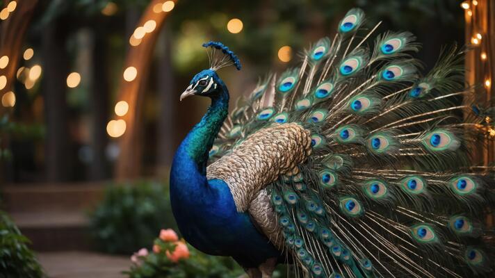 A vibrant peacock displaying its colorful feathers in a serene garden setting.