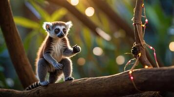 A playful lemur perched on a branch, surrounded by soft lighting and greenery. photo