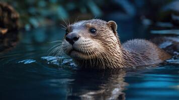 A close-up of an otter swimming in clear water, showcasing its playful nature. photo