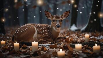 A serene fawn resting among autumn leaves and glowing candles in a tranquil forest setting. photo