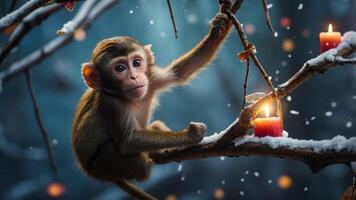 A monkey perched on a snowy branch with candles, creating a serene winter atmosphere. photo