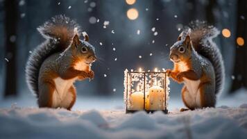 Two squirrels gather around a lantern in a snowy forest, creating a cozy winter scene. photo