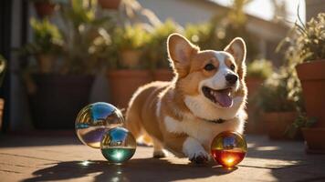A playful corgi enjoys a sunny day with colorful balls in a garden setting. photo