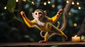 A playful monkey poses amidst soft lighting in a lush environment. photo