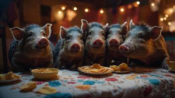 Five pigs sitting at a table with snacks, creating a whimsical and humorous scene. photo