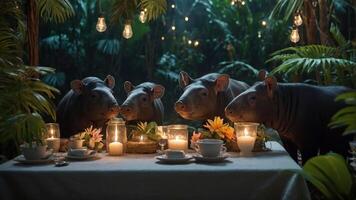 Four tapirs at a candlelit table in a lush jungle setting. photo