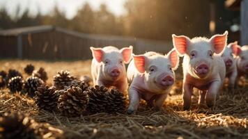 Three piglets playfully running through straw with pinecones in a sunlit farm setting. photo