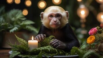 A monkey sits among ferns and flowers, illuminated by candlelight, creating a serene atmosphere. photo