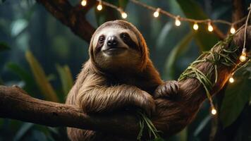 A sloth lounging on a tree branch with decorative lights in a lush environment. photo