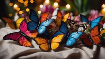A vibrant display of colorful butterflies resting on soft fabric amidst blurred lights. photo