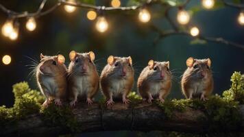 Five adorable mice perched on a branch with fairy lights, creating a whimsical atmosphere. photo