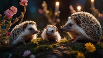 Three hedgehogs surrounded by flowers and candles in a whimsical forest setting. photo