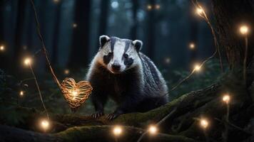 A badger surrounded by glowing lights and a heart-shaped decoration in a forest setting. photo